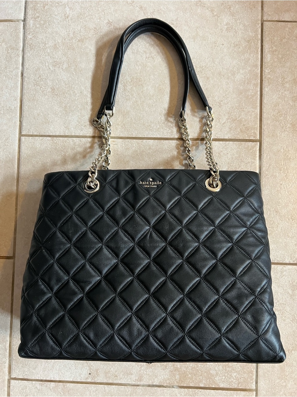 kate spade Black Quilted Leather Tote with Chain Handles